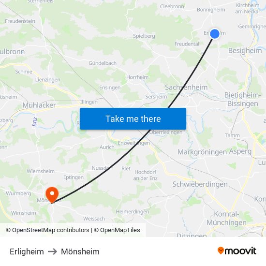 Erligheim to Mönsheim map