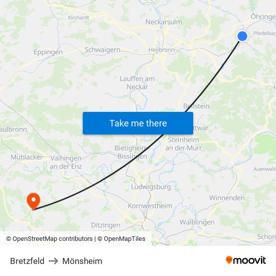 Bretzfeld to Mönsheim map