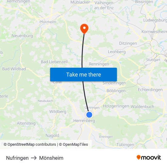 Nufringen to Mönsheim map