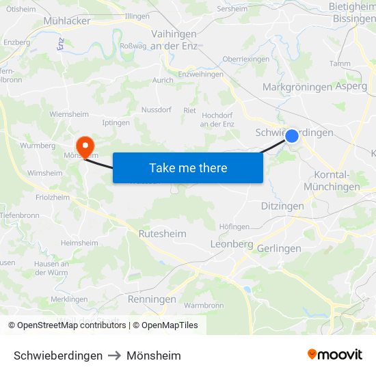 Schwieberdingen to Mönsheim map