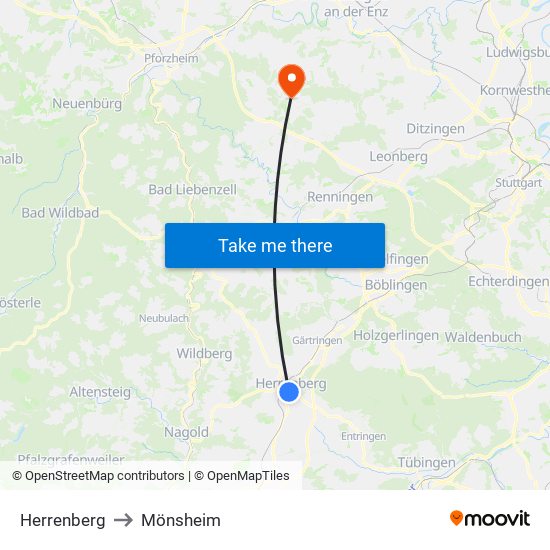 Herrenberg to Mönsheim map