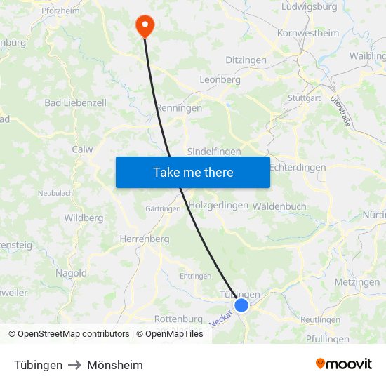 Tübingen to Mönsheim map