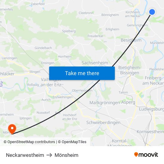 Neckarwestheim to Mönsheim map