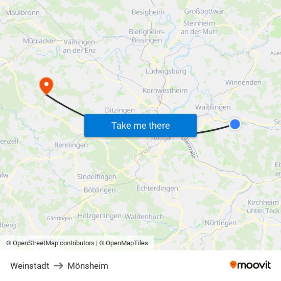 Weinstadt to Mönsheim map