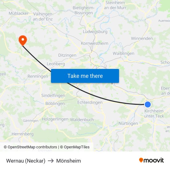 Wernau (Neckar) to Mönsheim map