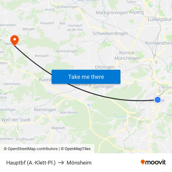 Hauptbf (A.-Klett-Pl.) to Mönsheim map