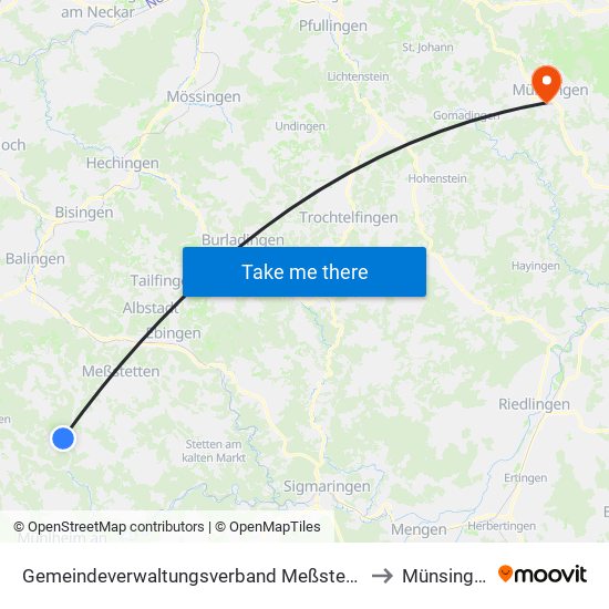 Gemeindeverwaltungsverband Meßstetten to Münsingen map