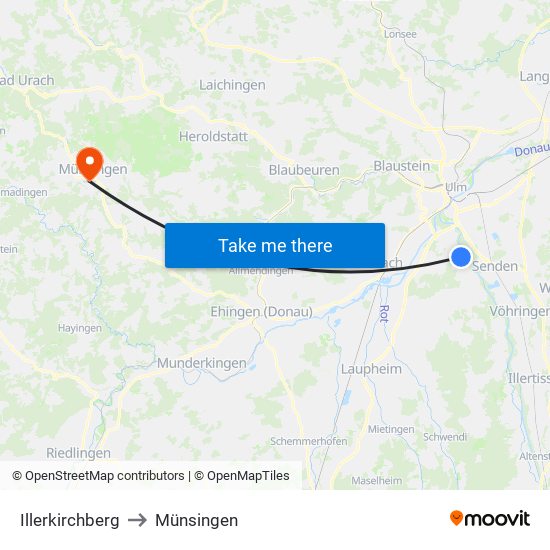 Illerkirchberg to Münsingen map