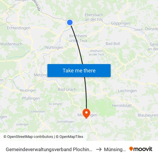 Gemeindeverwaltungsverband Plochingen to Münsingen map