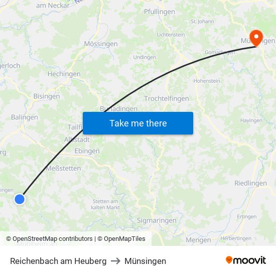 Reichenbach am Heuberg to Münsingen map