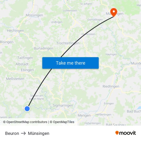Beuron to Münsingen map