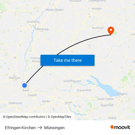 Efringen-Kirchen to Münsingen map