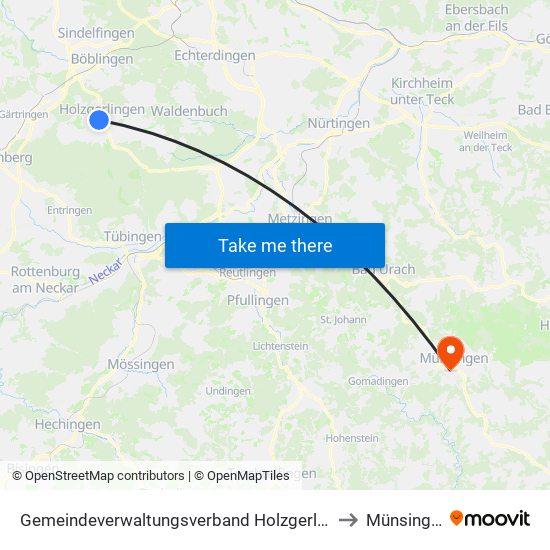 Gemeindeverwaltungsverband Holzgerlingen to Münsingen map