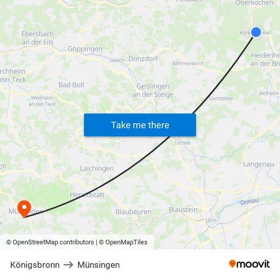 Königsbronn to Münsingen map