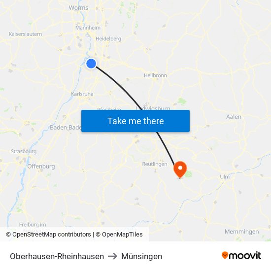 Oberhausen-Rheinhausen to Münsingen map