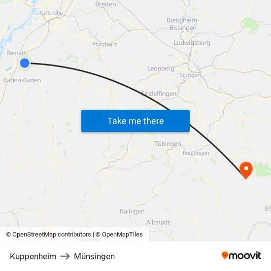 Kuppenheim to Münsingen map