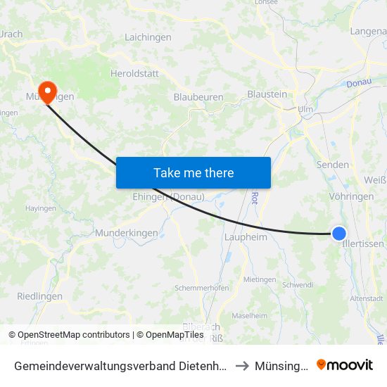 Gemeindeverwaltungsverband Dietenheim to Münsingen map