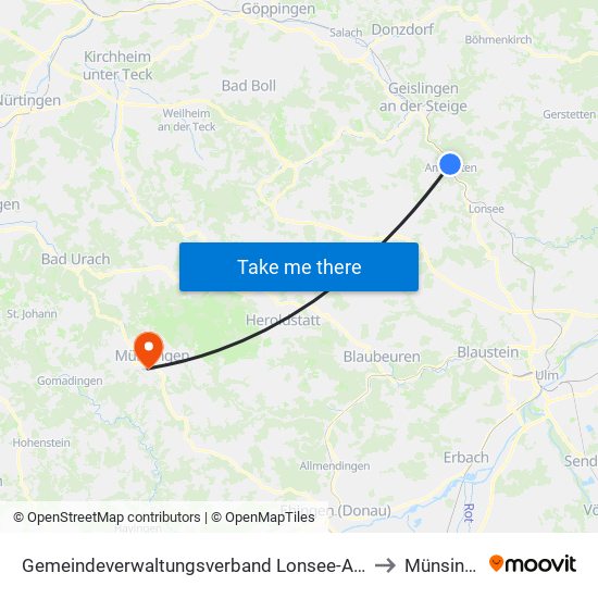 Gemeindeverwaltungsverband Lonsee-Amstetten to Münsingen map