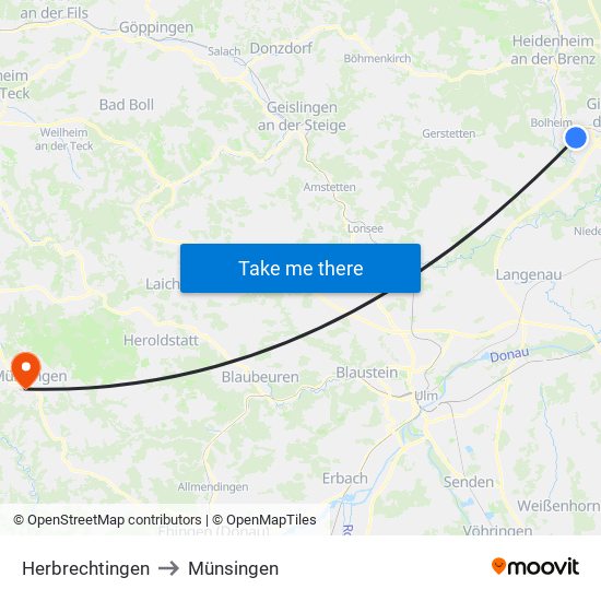 Herbrechtingen to Münsingen map