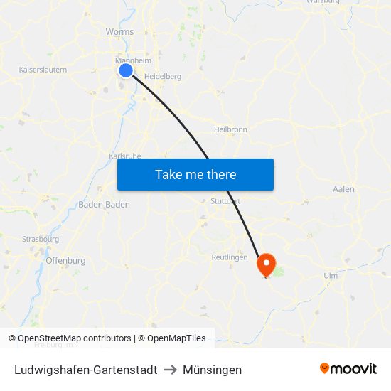 Ludwigshafen-Gartenstadt to Münsingen map