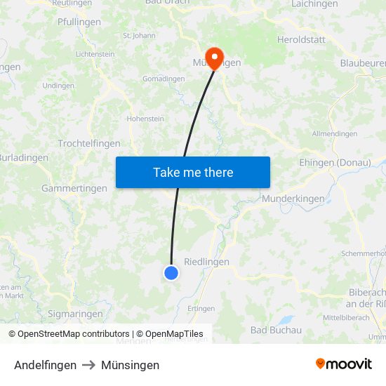 Andelfingen to Münsingen map