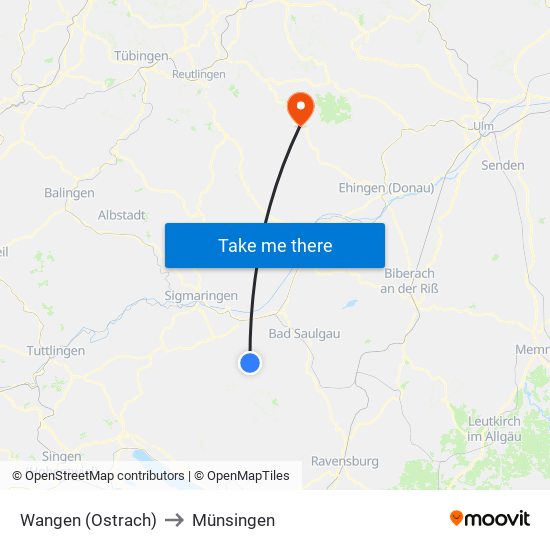Wangen (Ostrach) to Münsingen map
