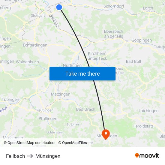 Fellbach to Münsingen map