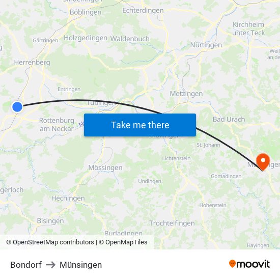 Bondorf to Münsingen map