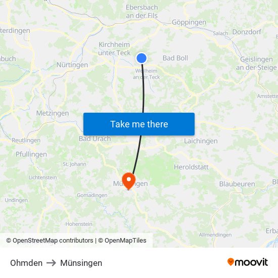 Ohmden to Münsingen map
