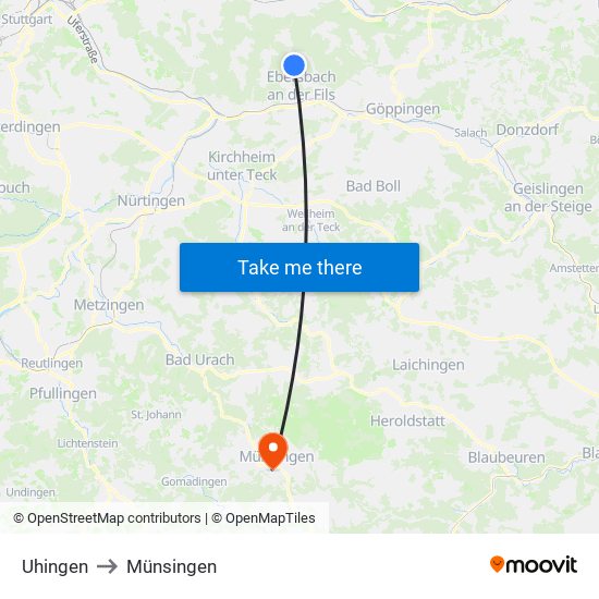 Uhingen to Münsingen map