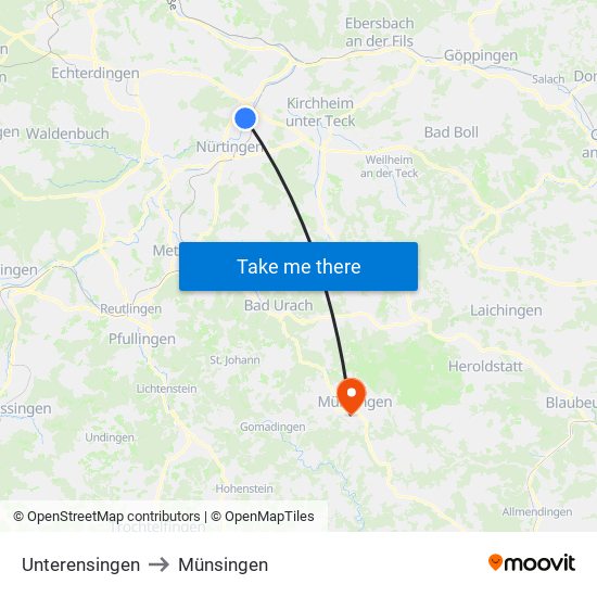 Unterensingen to Münsingen map
