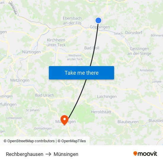 Rechberghausen to Münsingen map