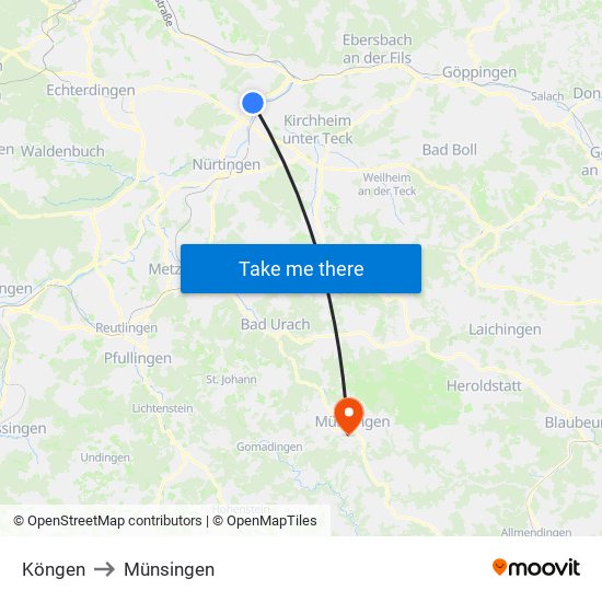Köngen to Münsingen map