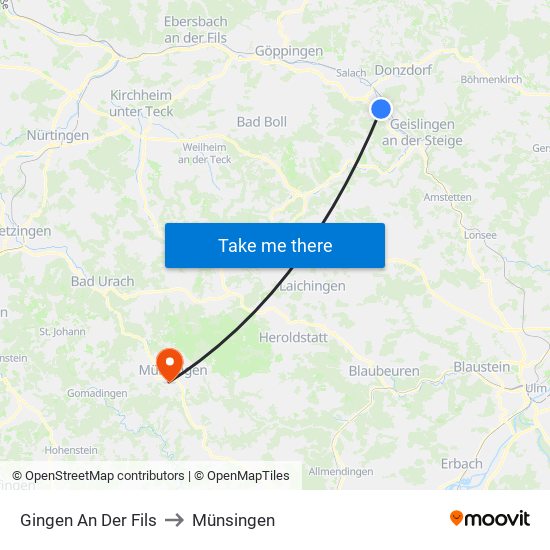Gingen An Der Fils to Münsingen map