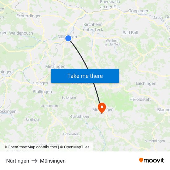 Nürtingen to Münsingen map