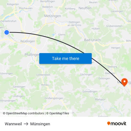 Wannweil to Münsingen map