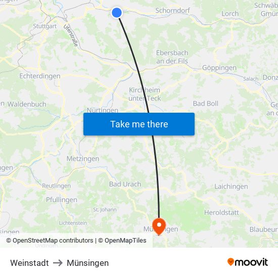 Weinstadt to Münsingen map