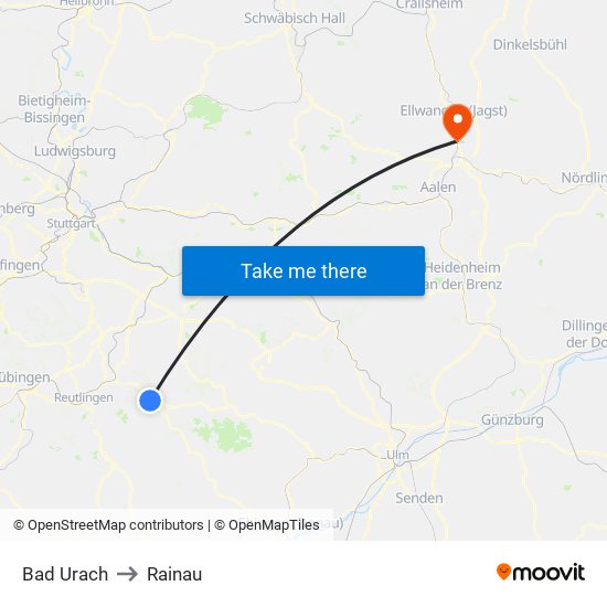 Bad Urach to Rainau map