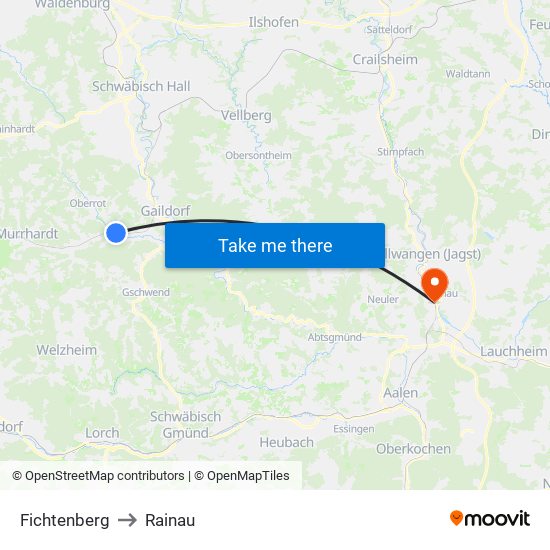 Fichtenberg to Rainau map