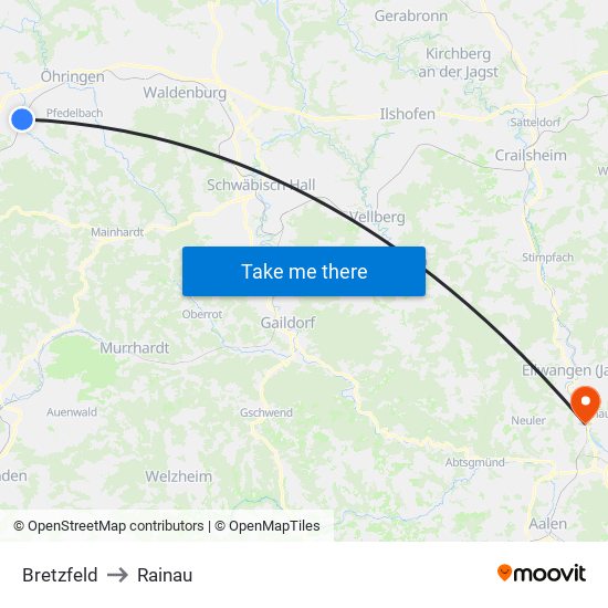 Bretzfeld to Rainau map