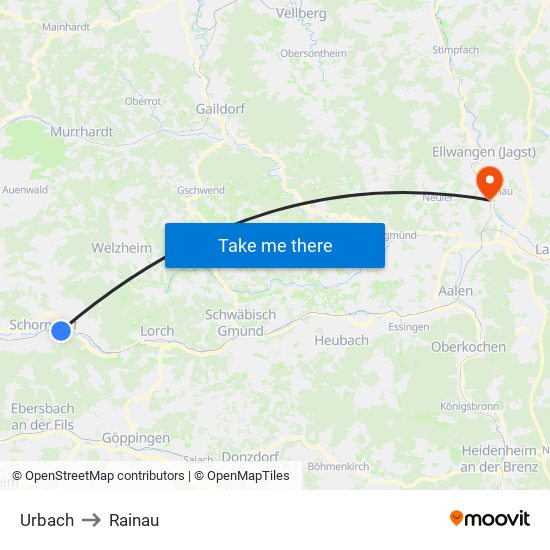 Urbach to Rainau map