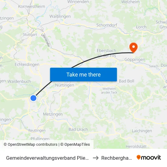 Gemeindeverwaltungsverband Pliezhausen to Rechberghausen map