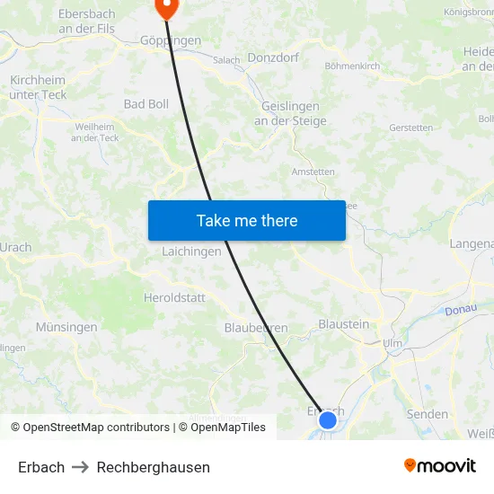 Erbach to Rechberghausen map