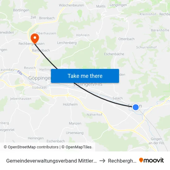 Gemeindeverwaltungsverband Mittleres Fils-Lautertal to Rechberghausen map