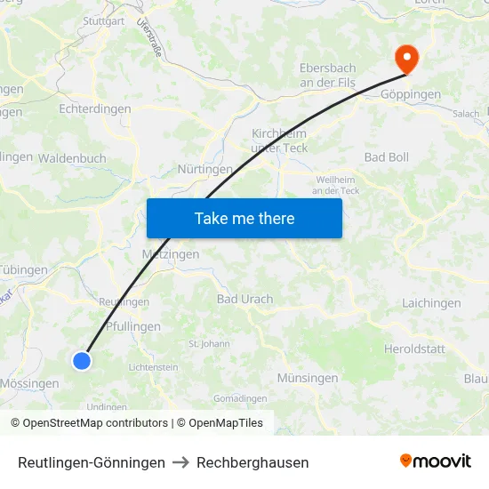 Reutlingen-Gönningen to Rechberghausen map