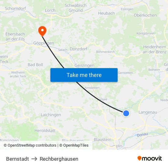 Bernstadt to Rechberghausen map