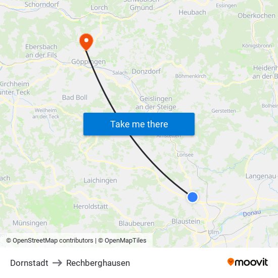 Dornstadt to Rechberghausen map