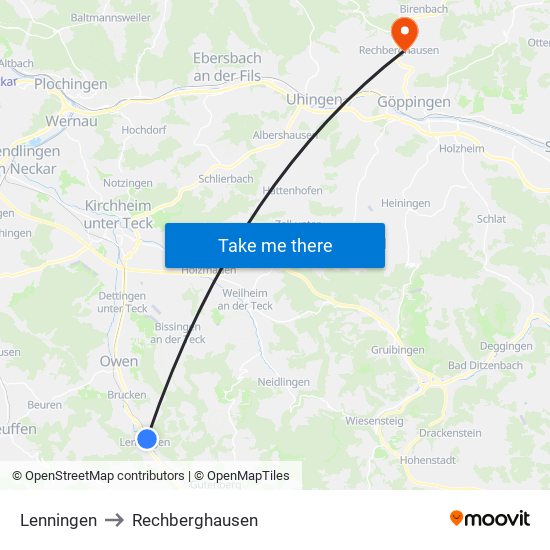 Lenningen to Rechberghausen map