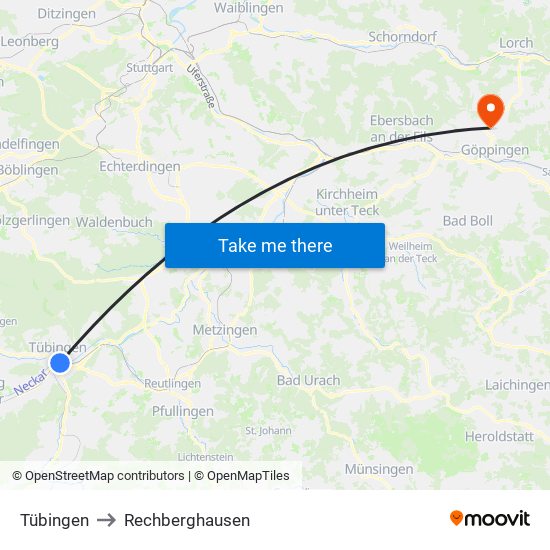 Tübingen to Rechberghausen map