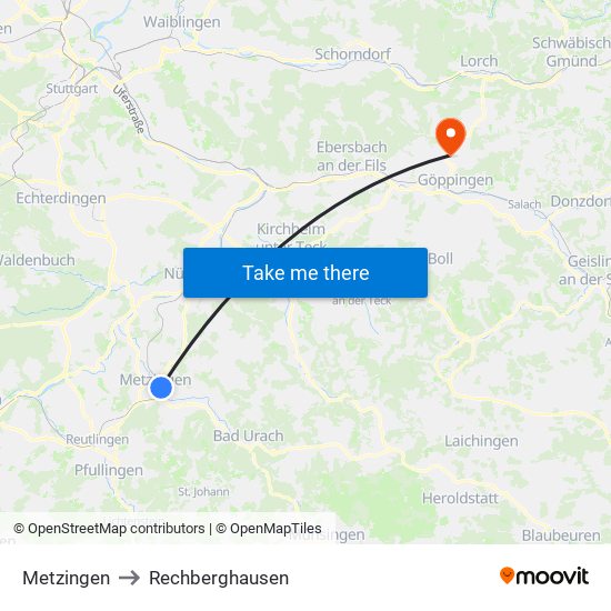 Metzingen to Rechberghausen map